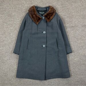 Vintage Long Grey Pea Coat Winter Overcoat Women’s Mink Fur Collar Button Front